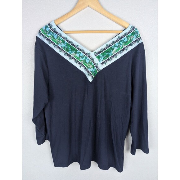 NWOT Chico's Top Sz 3 US XL Paisley Double V-Neck Navy Blue Knit Boho Preppy 144 - Picture 3 of 6